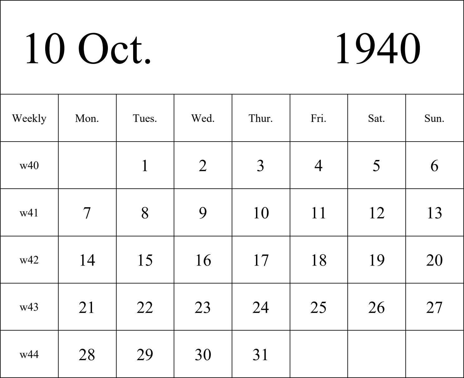 日历表1940年日历 英文版 纵向排版 周一开始 带周数 带节假日调休安排